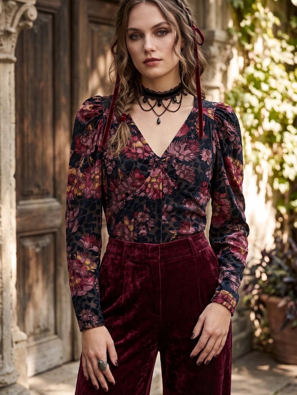 Ted Baker ETTYA Devoré Burnout Velvet Floral Puff Sleeve Blouse Dark Romance